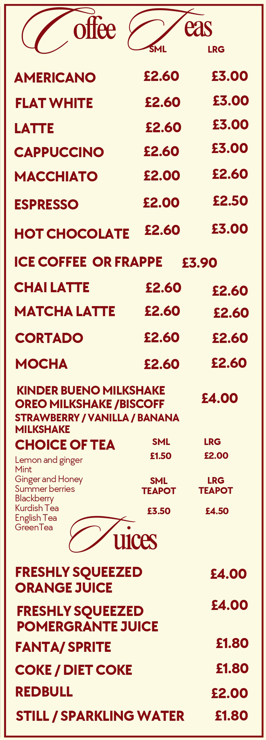 Today Coffee Coffee, Teas & Juices Menu